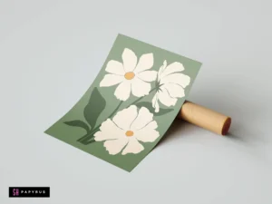 Bohemian style floral illustration featuring large white daisies on a muted sage green field.