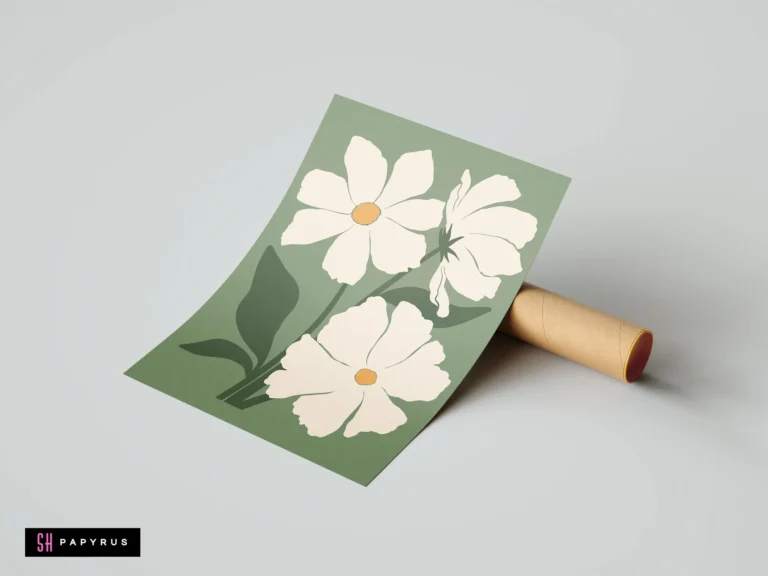 Bohemian style floral illustration featuring large white daisies on a muted sage green field.