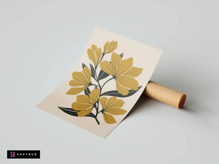 Bohemian mustard gold floral art print with bold black leaves on a cream background.