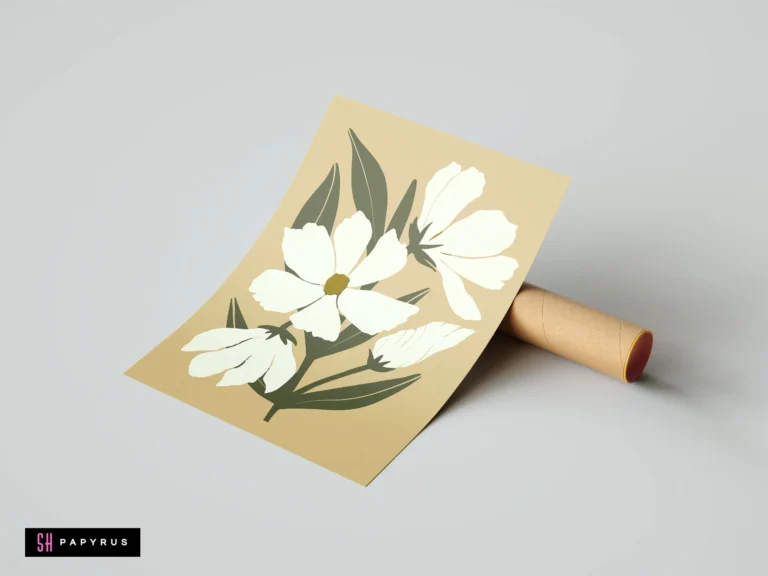 Minimalist bohemian white flower art print on a warm tan background with green leaves.