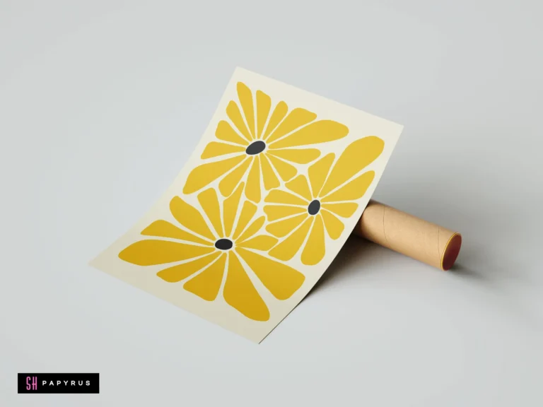 Minimalist bohemian mustard yellow daisy art print featuring retro floral patterns on cream.