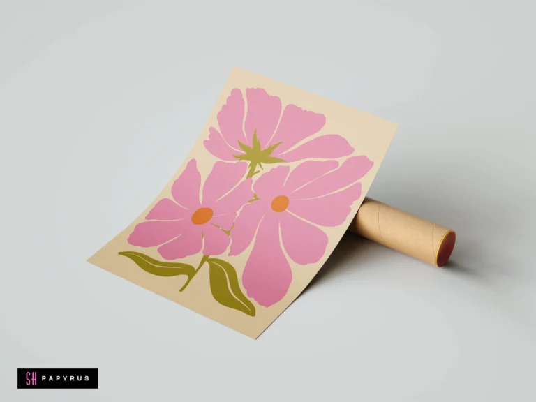 Bohemian art print featuring stylized pink cosmos flowers with orange centers and green leaves.