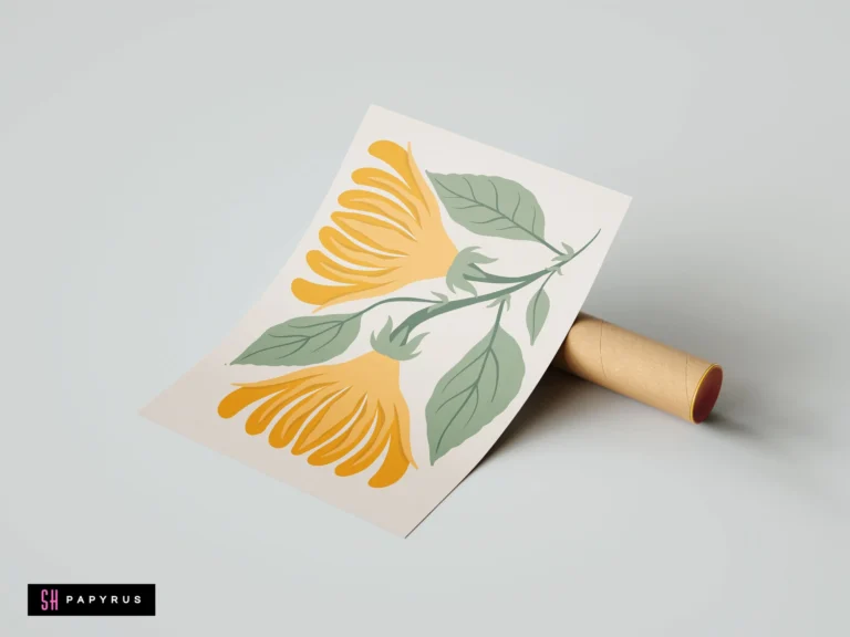 Bohemian botanical art print featuring golden trumpet flowers and green leaves on cream background.