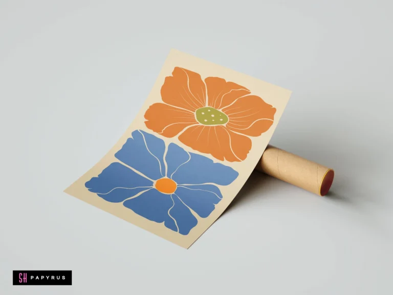 Vibrant retro floral art print featuring large orange and blue flowers in bohemian style.