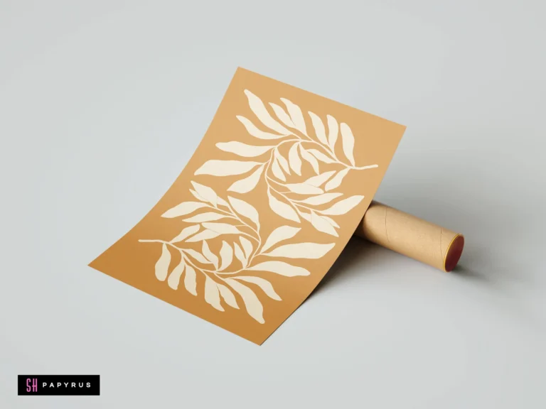 Bohemian minimalist art print featuring cream botanical leaf branches on a warm gold background.