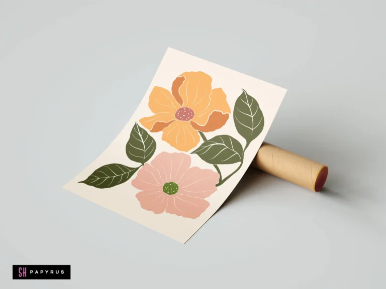 Minimalist bohemian botanical art print with orange and pink flowers and green leaves.