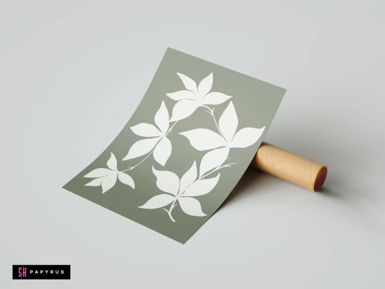 Minimalist bohemian art print with white botanical leaf silhouettes on a sage green background.