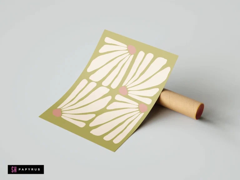 Retro bohemian floral art print featuring cream daisies with pink centers on olive green.