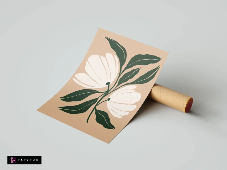 Bohemian minimalist floral art print with elegant white flowers and dark green leaves on beige.