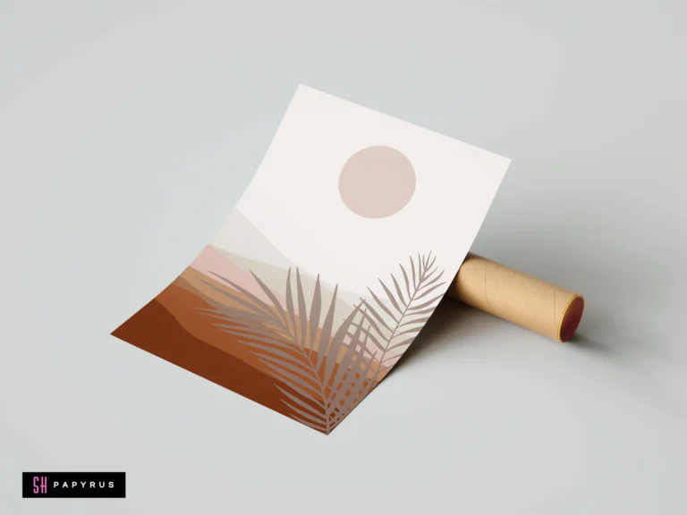 Minimalist boho desert landscape art print with palm leaves in earthy terracotta and beige tones.