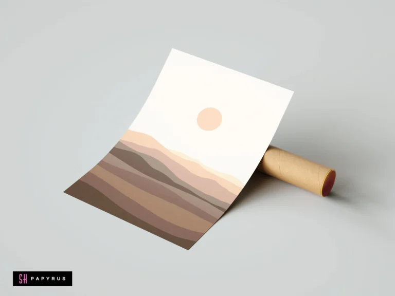Minimalist abstract desert hills landscape art with sun in bohemian earth tones.