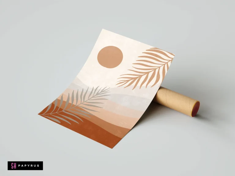 Bohemian desert sun and palm leaf print in earthy beige and terracotta tones.