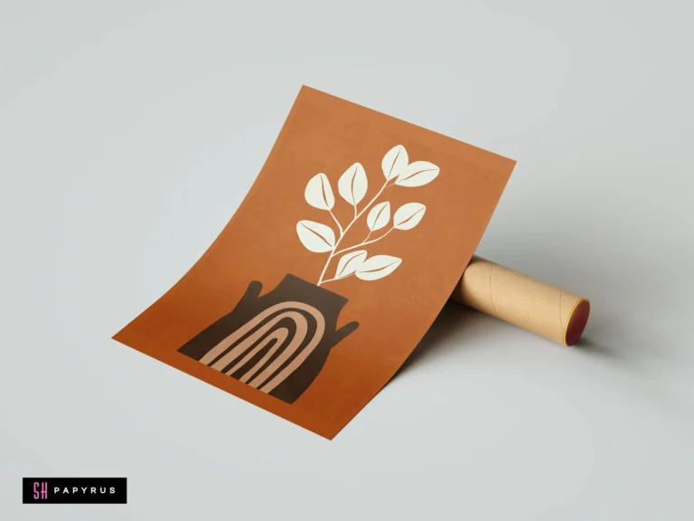 Bohemian art print featuring white leaves in a rainbow-patterned vase on a terracotta background.
