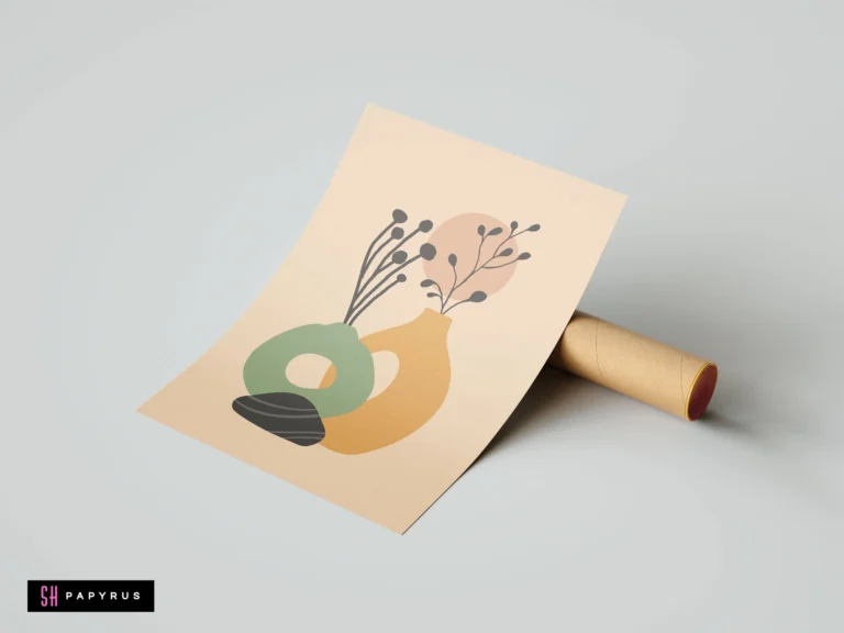 Bohemian art print featuring sage green and ochre abstract vases with minimalist botanical branches.