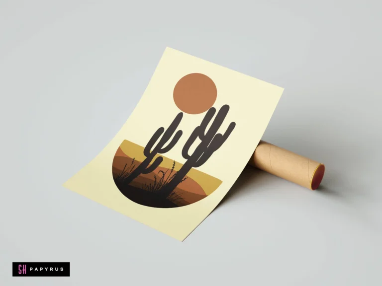 Minimalist Bohemian cactus silhouette art featuring a terracotta sun and desert landscape.