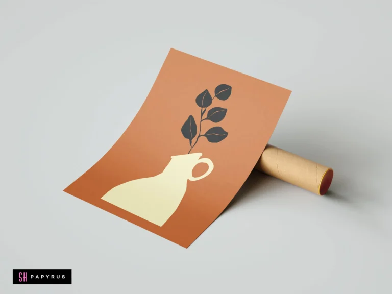 Minimalist bohemian art print featuring black leaves in a cream pitcher on a terracotta background.