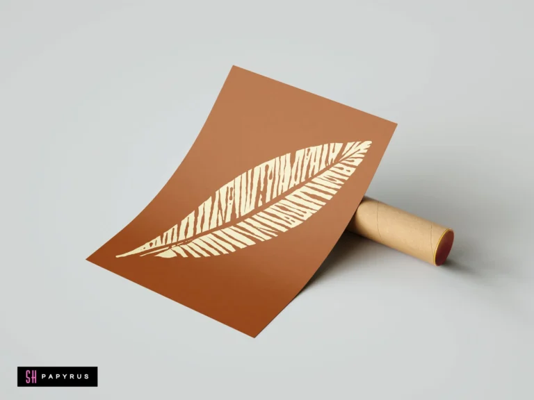Bohemian terracotta leaf print with rustic linocut texture and earthy tones.