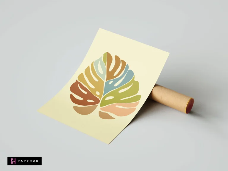 Abstract bohemian monstera leaf art print with earthy terracotta, sage, and mustard tones.