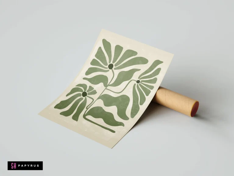 Textured olive green Art Nouveau floral print featuring minimalist organic shapes on a cream background