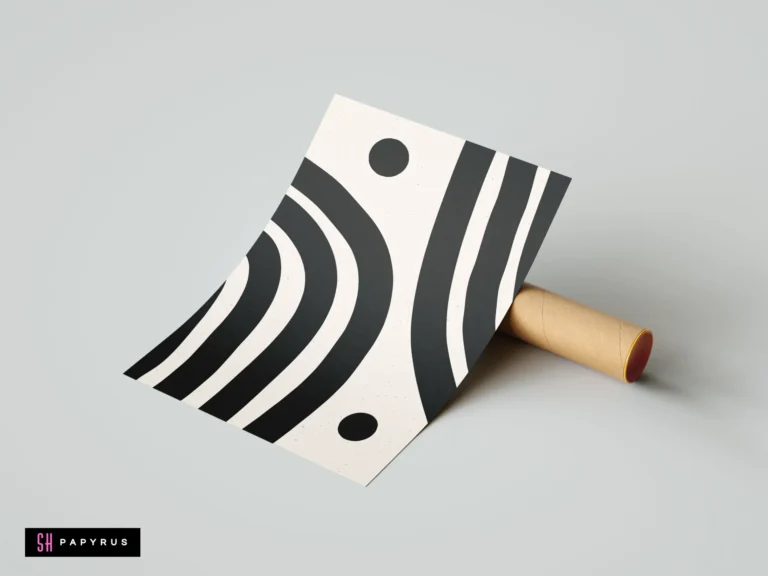Minimalist black and white abstract geometric wall art featuring arch designs and circular accents, displayed leaning against a brown cardboard mailing tube.