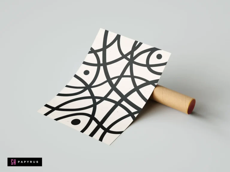 Abstract poster with bold black curved lines and dots on a cream background, modern minimalist line art displayed on a cardboard tube.
