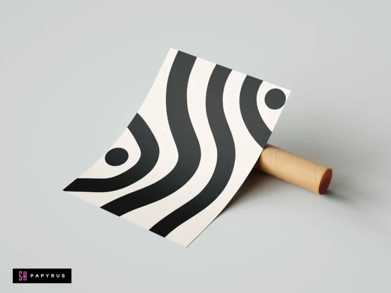 Minimalist abstract wall art featuring bold black wavy lines and dots on a white background, displayed leaning against a cardboard mailing tube.