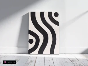 Modern minimalist wall art featuring bold black wavy patterns and circles on white canvas.