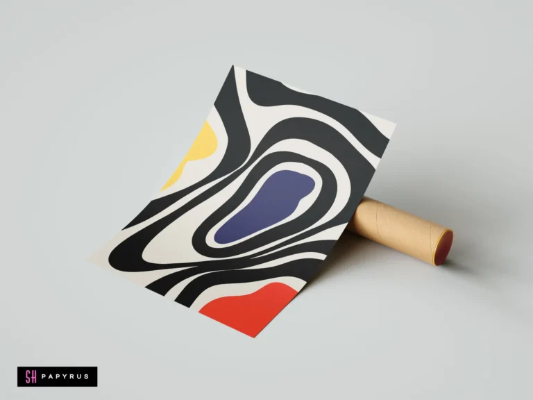 Modern abstract wall art print with fluid shapes in black, white, red, yellow, and blue. Minimalist wavy design resting against a cardboard mailing tube.