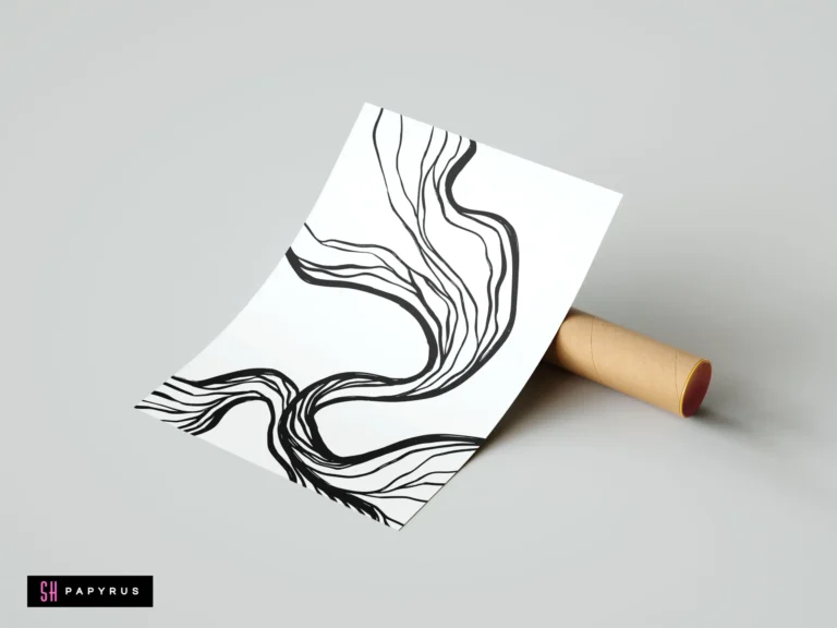 Elegant minimalist poster with abstract black ink flowing lines on a white background, leaning against a cardboard shipping tube.