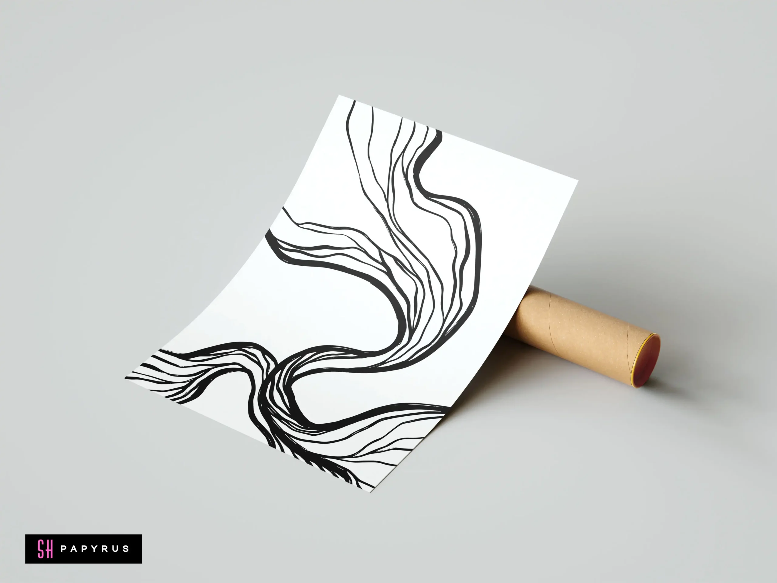 Elegant minimalist poster with abstract black ink flowing lines on a white background, leaning against a cardboard shipping tube.