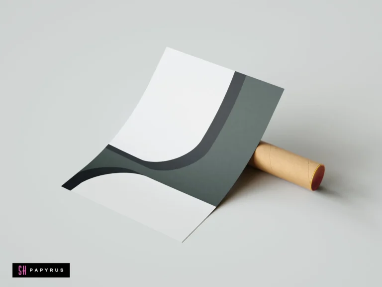 Minimalist wall art print featuring abstract sage green and charcoal grey waves on a white background, displayed propped against a cardboard tube.