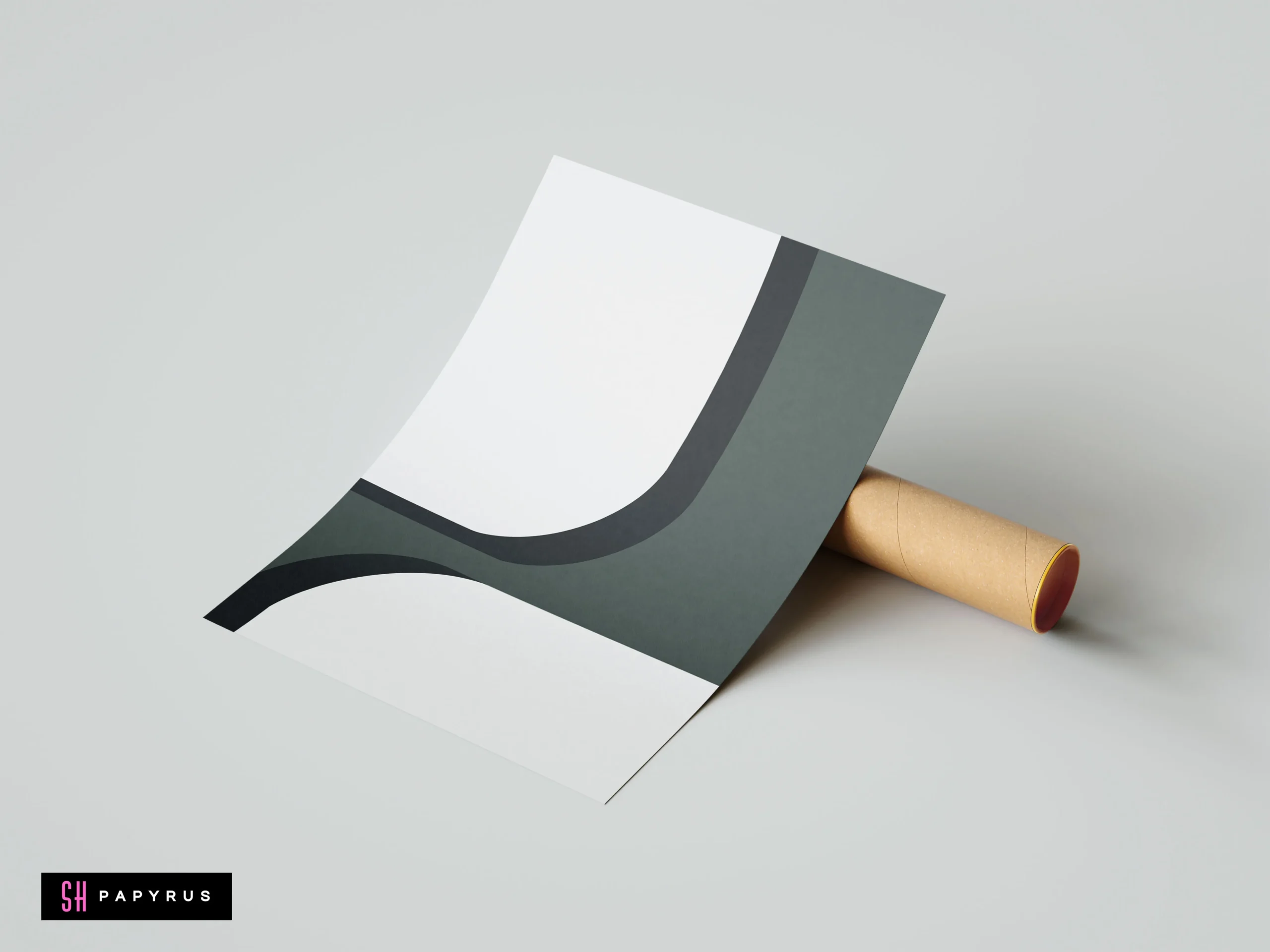 Minimalist wall art print featuring abstract sage green and charcoal grey waves on a white background, displayed propped against a cardboard tube.