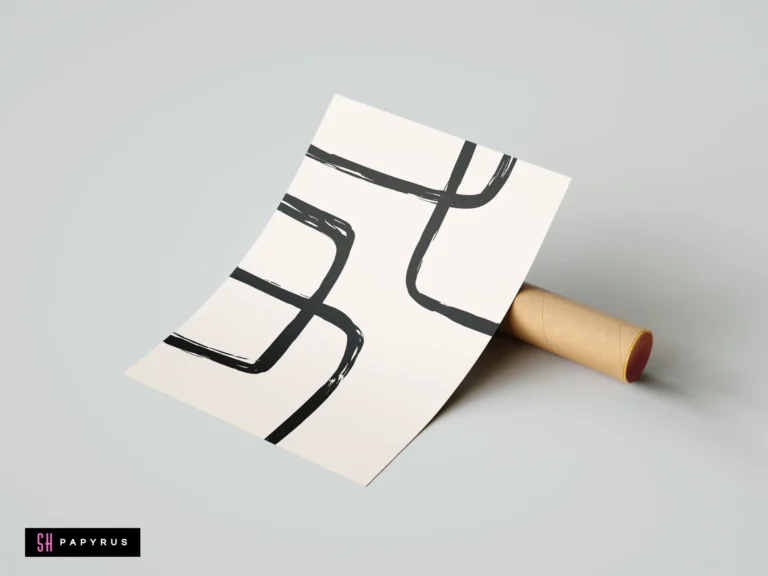 Modern Scandinavian minimalist wall art poster featuring bold black abstract brushstrokes on a cream background, displayed resting on a cardboard mailing tube.