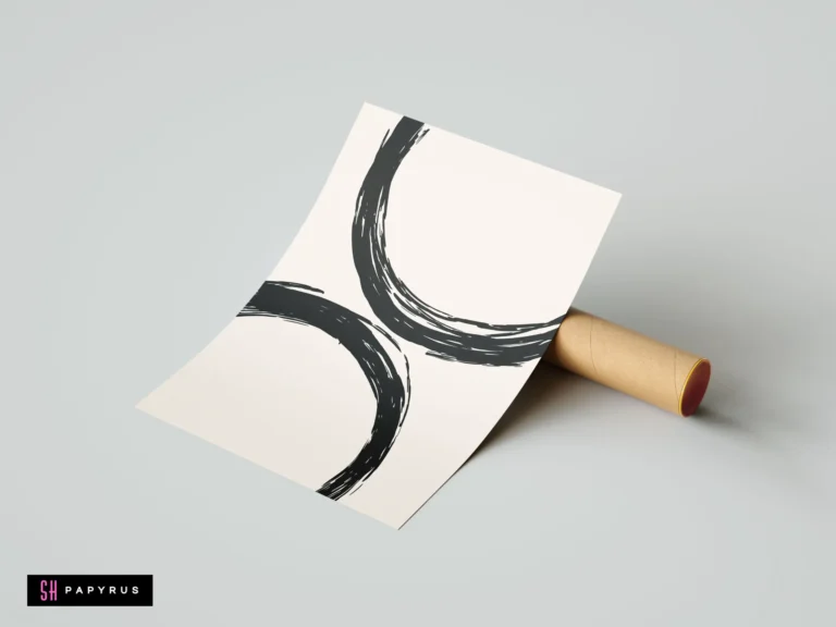 Modern minimalist wall art print featuring textured black ink brush arcs on an off-white background, displayed propped against a cardboard shipping tube.