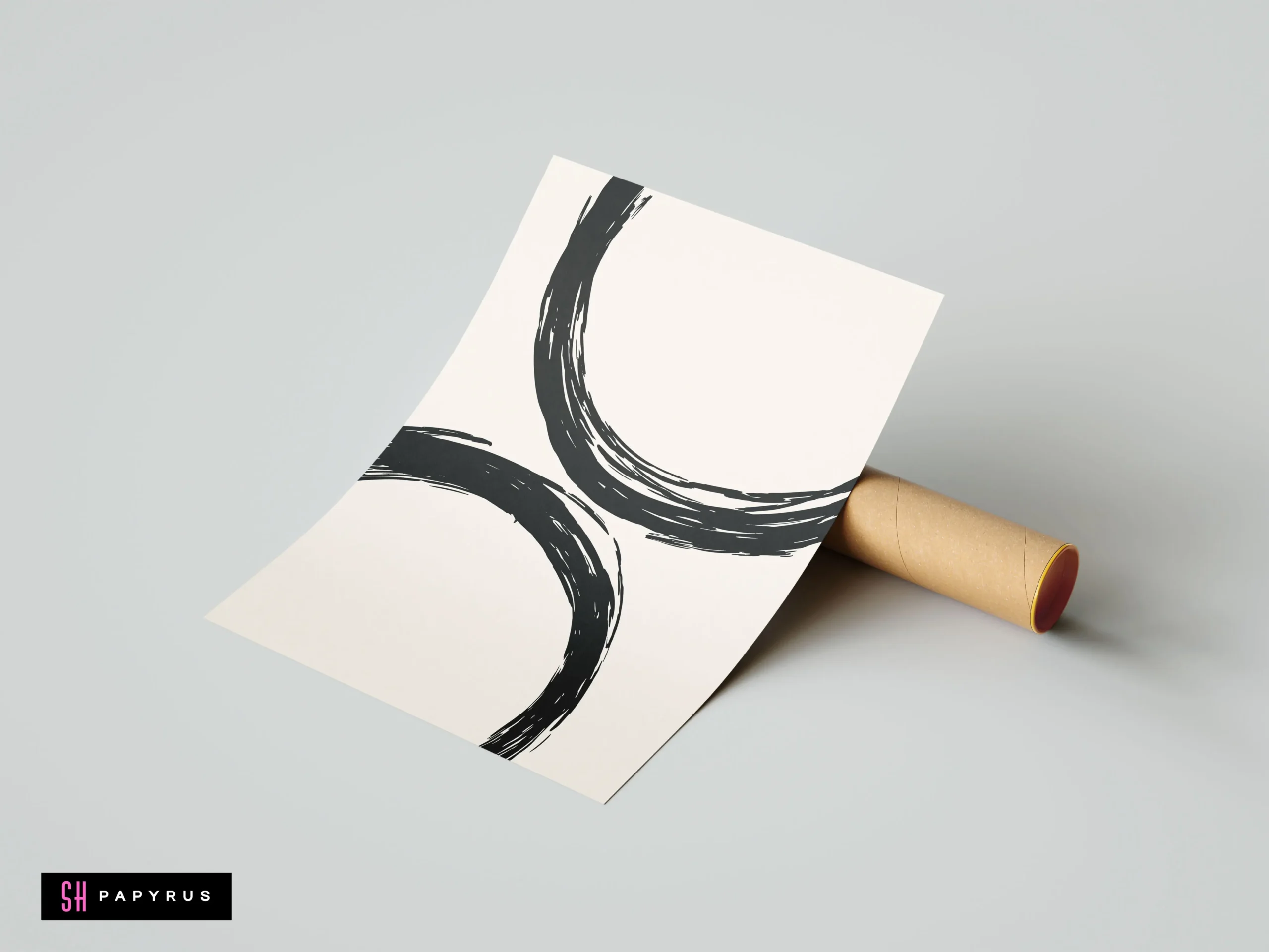 Modern minimalist wall art print featuring textured black ink brush arcs on an off-white background, displayed propped against a cardboard shipping tube.