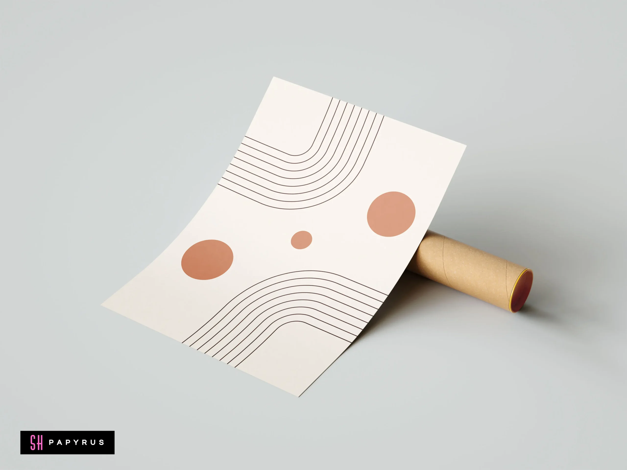 Minimalist boho wall art print with terracotta circles and black geometric curved lines on cream paper, resting against a cardboard tube.