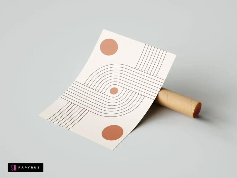 Boho minimalist wall art featuring terracotta sun circles and geometric line arches on cream paper, leaning against a cardboard shipping tube.