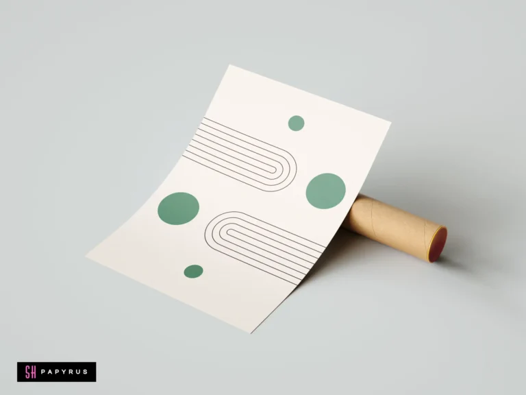 Minimalist wall art print featuring sage green circles and black line geometric arches on a cream background, shown with a cardboard shipping tube.