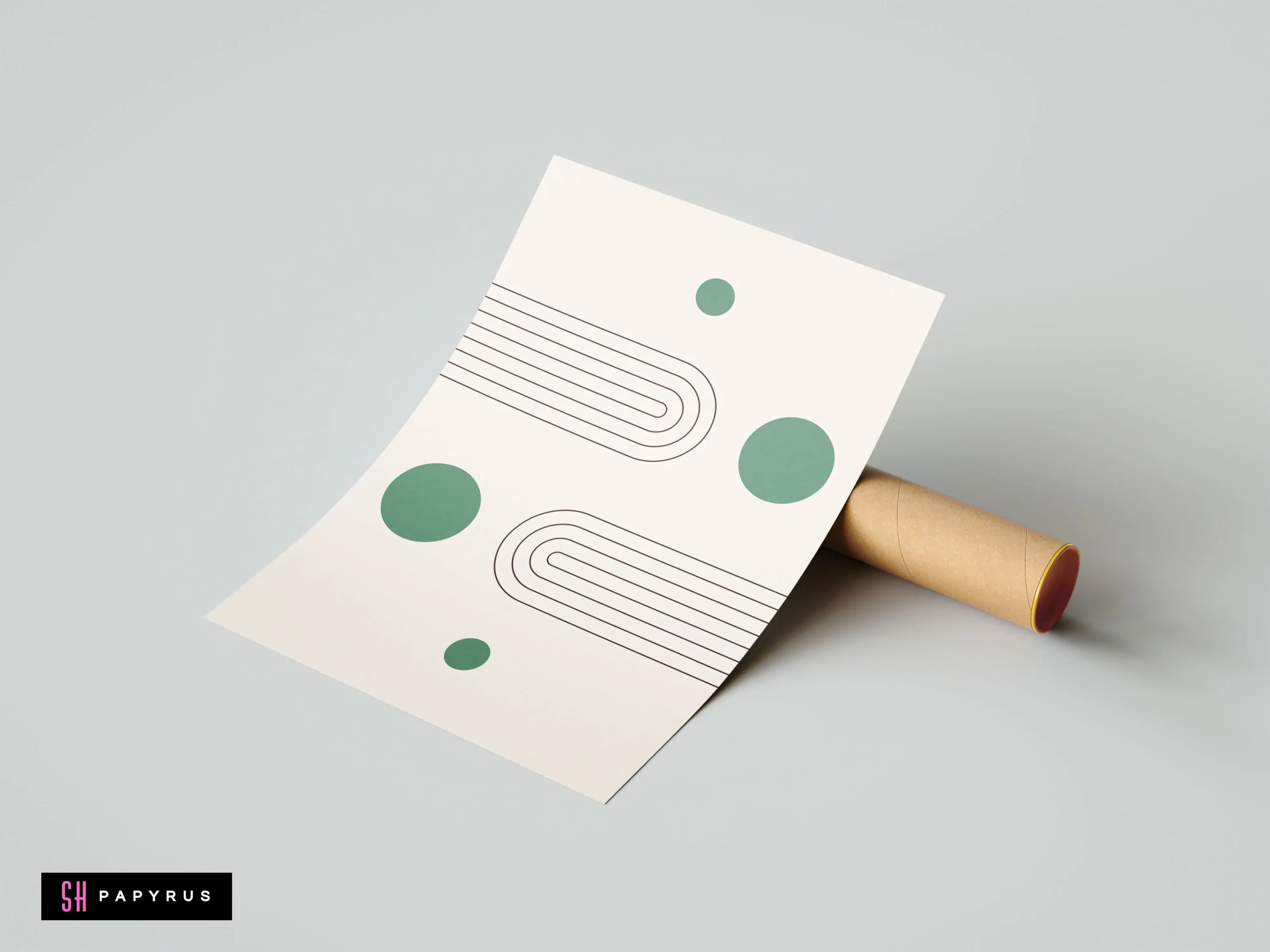 Minimalist wall art print featuring sage green circles and black line geometric arches on a cream background, shown with a cardboard shipping tube.