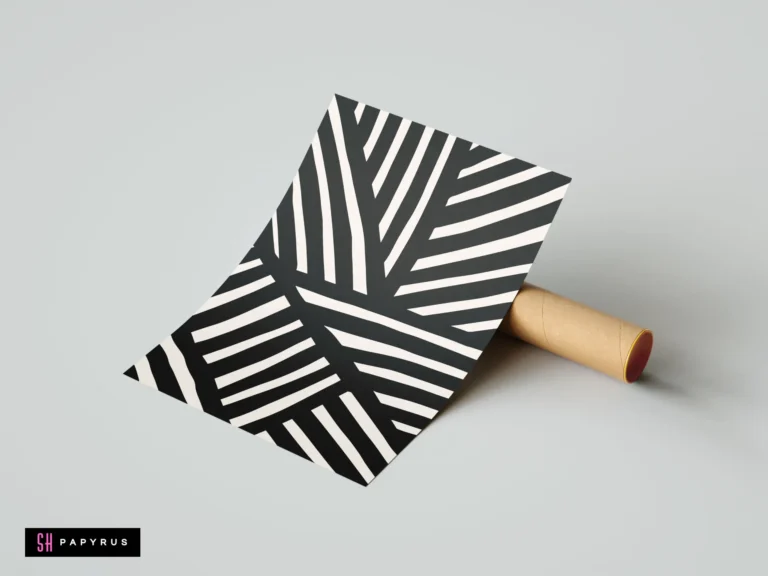 Modern abstract black and white wall art print featuring geometric stripes in a hand-drawn minimalist style, displayed with a cardboard mailing tube.