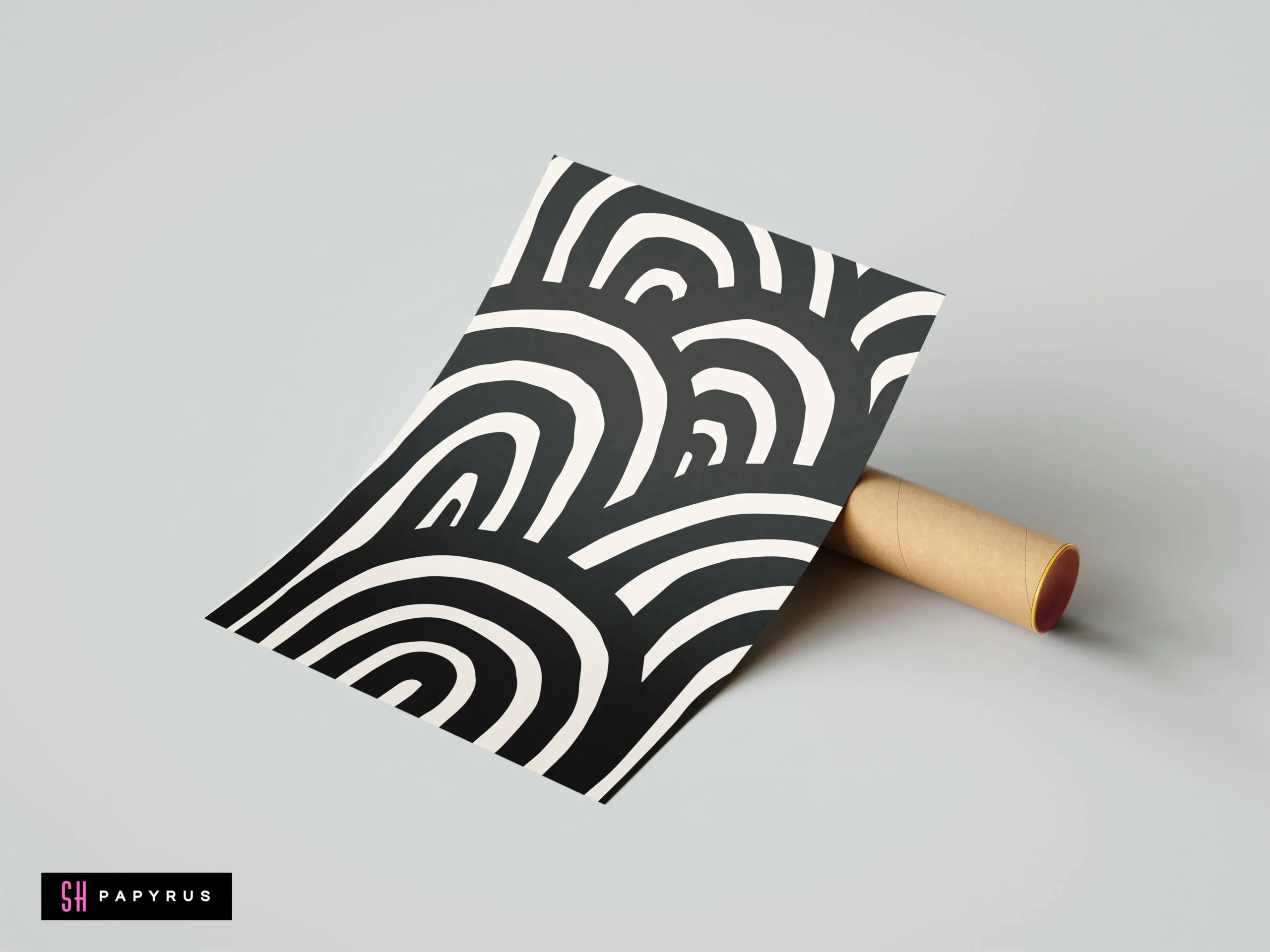 Modern minimalist wall art print with bold black and white abstract arches and waves, displayed as a physical print on a grey background.