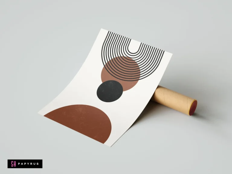Modern minimalist terracotta wall art print featuring abstract geometric shapes, black arches, and circles on white paper, displayed with a cardboard mailing tube.