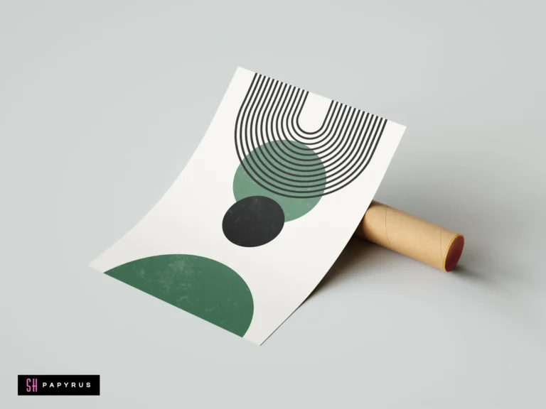 Minimalist boho wall poster featuring green and black geometric circles with arched lines on a white background.