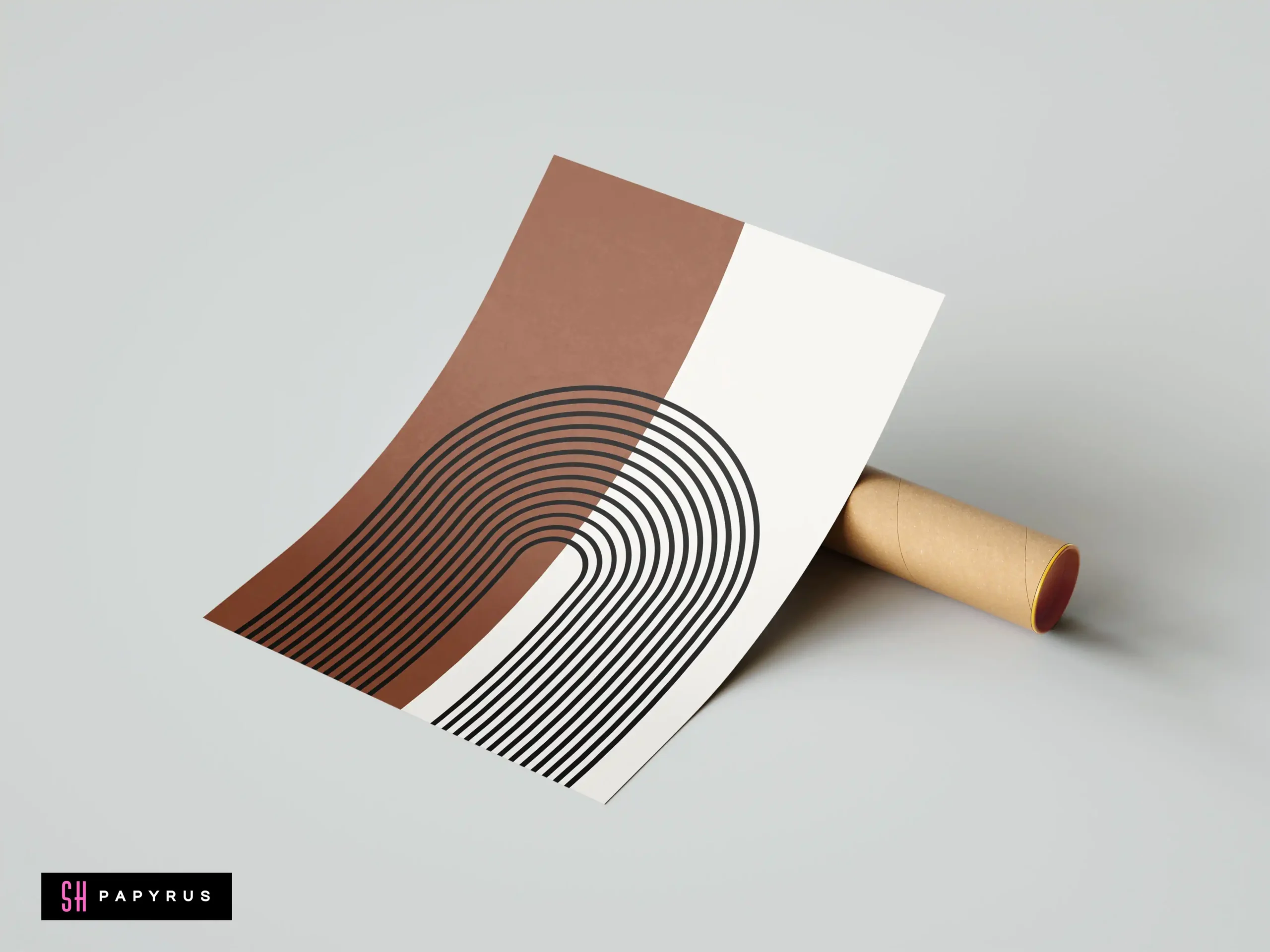 Minimalist Mid-Century wall art print featuring a split terracotta and white background with a black geometric arch design composed of parallel lines.
