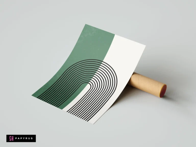 Minimalist wall art print featuring a sage green and white split background with black geometric arches, resting on a cardboard shipping tube.