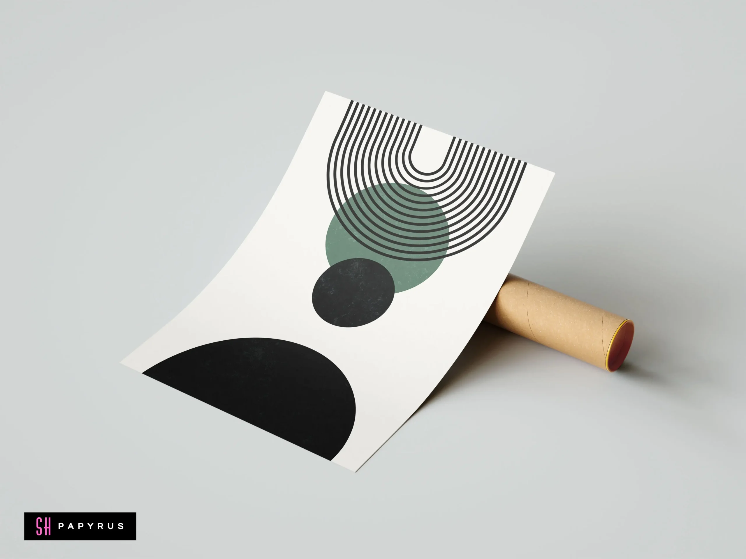 Modern abstract poster featuring sage green and black geometric circles and arches on a white background in a minimalist mid-century style.