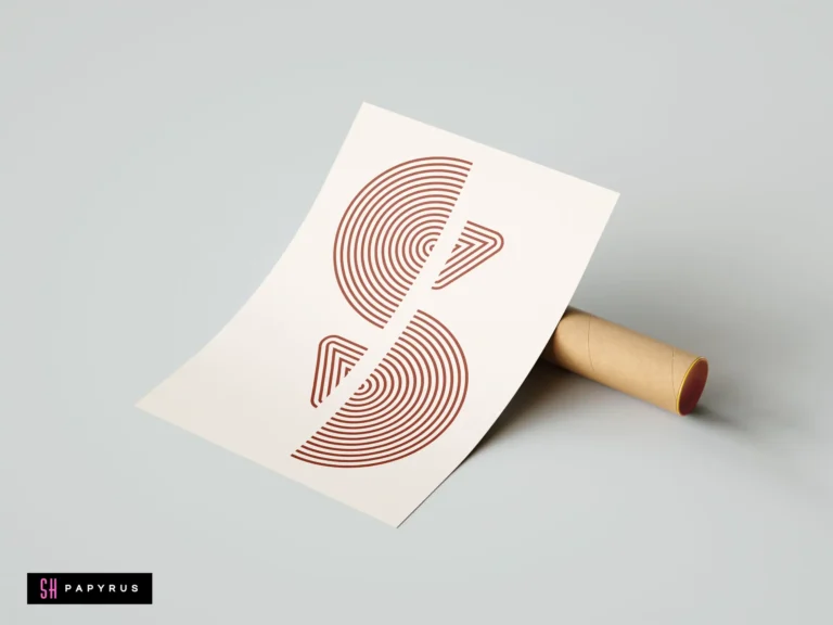 Minimalist terracotta geometric S-shape line art print on cream background, boho wall decor style, leaning against a cardboard tube.