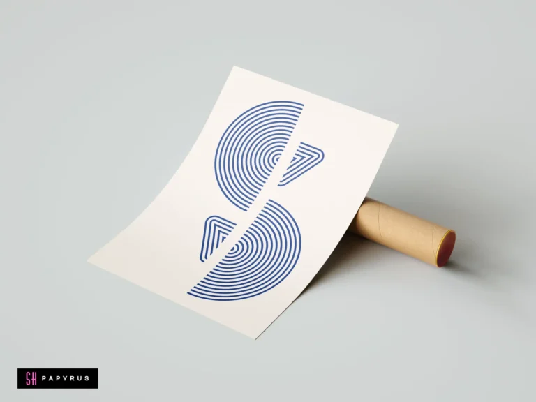 Minimalist blue geometric abstract 'S' wall art print with concentric lines on a white background, featuring a modern linear graphic design style.