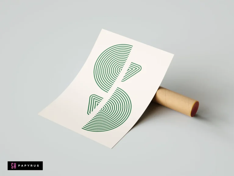 Mid-century modern wall art print featuring a green geometric S-shape of concentric lines on cream paper, resting against a cardboard mailing tube.