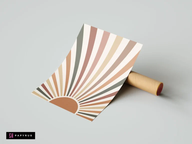 Boho abstract sunburst wall art print in earthy terracotta, sage green, and beige tones. Retro minimalist design mockup on a neutral gray background.